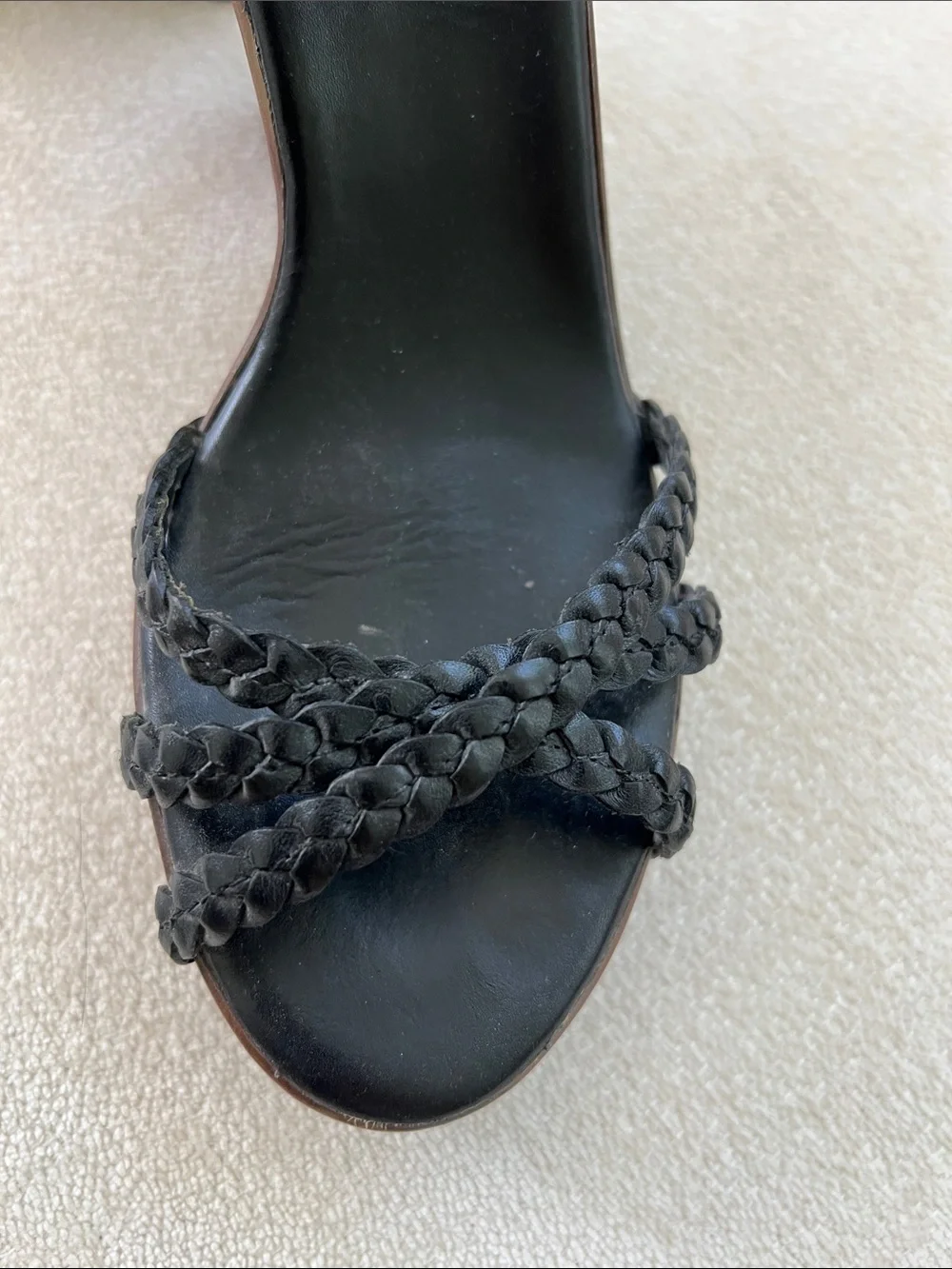Cole Haan Black Braided Leather Wedge Sandals with Brown Wood-Effect Platform